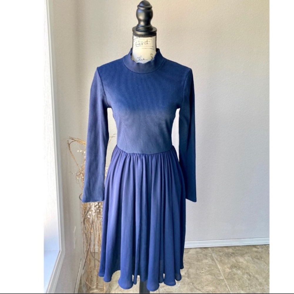Altar’d State Blue Fit N Flare High Neck Modest Long sleeve Dress Medium